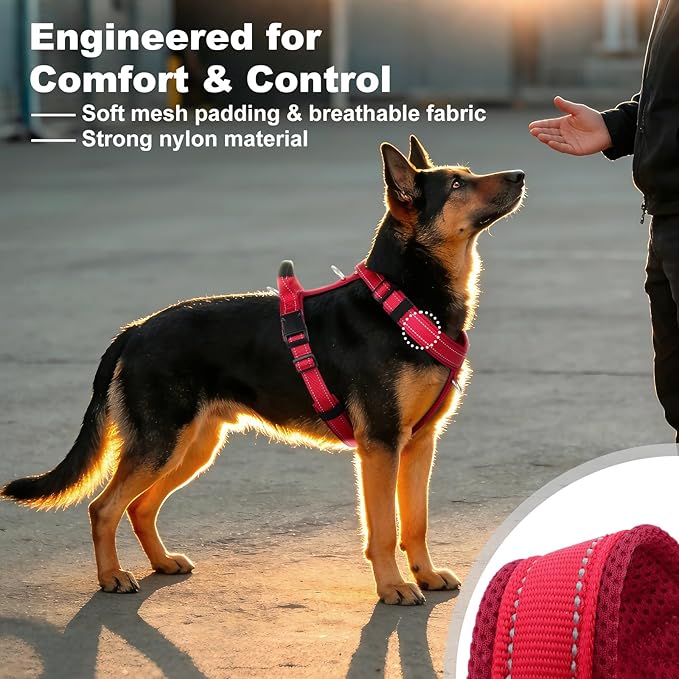 No Pull Dog Harness with Handle, Soft Mesh Padded Adjustable for Small Medium Large Dogs | Reflective Easy Walk Harness with Front Clip for Training, Running & Outdoor (Red, L)