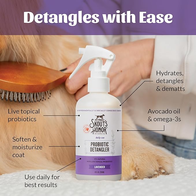 Skout's Honor Probiotic Pet Detangler Spray - Hydrating & Conditioning with Avocado Oil, 97% Natural, Paraben & Sulfate-Free, softens for a More brushable Coat, Daily Use, 8oz, Lavender