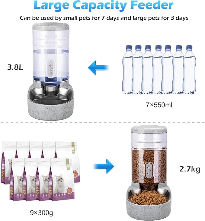 Automatic Cat Feeder and Water Dispenser with Stainless Steel Bowl Gravity Food Feeder and Waterer Set for Small Medium Dog Puppy Kitten 1 Gallon x 2(Grey)
