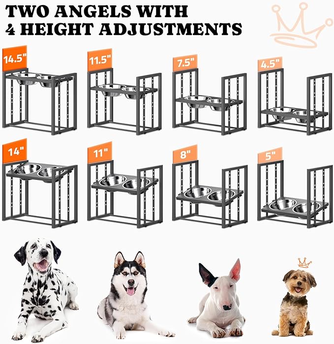 Elevated Bowls for Medium Breed: 4 Height Adjustable Raised Bowl with Metal Stand, Feeder Station with 2 Stainless Steel Bowls for Small Medium and Large Size Dogs, Grey with Feeding Mat