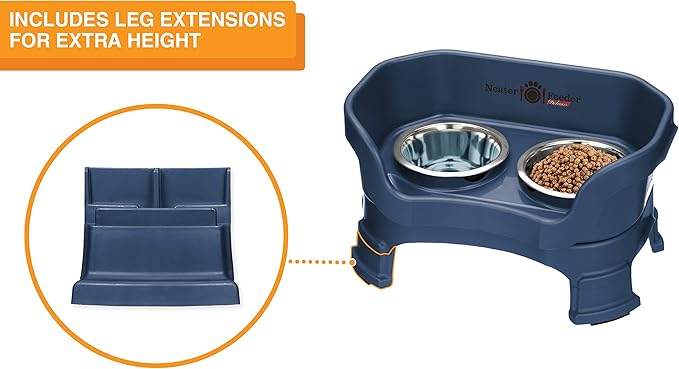 Neater Feeder Deluxe Mess Proof Dog Bowls Elevated for Small Breeds – Made in USA – No Spill Raised Dog Food Bowl Stand w/Leg Extensions – Stainless Steel Food and Water Bowl Set – Dark Blue