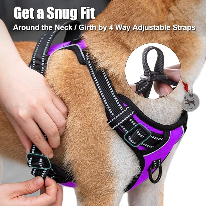 PoyPet No Pull Dog Harness, Reflective Comfortable Vest Harness with Front & Back 2 Leash Attachments and Easy Control Handle Adjustable Soft Padded Pet Vest for Small to Large Dogs (Purple,M)