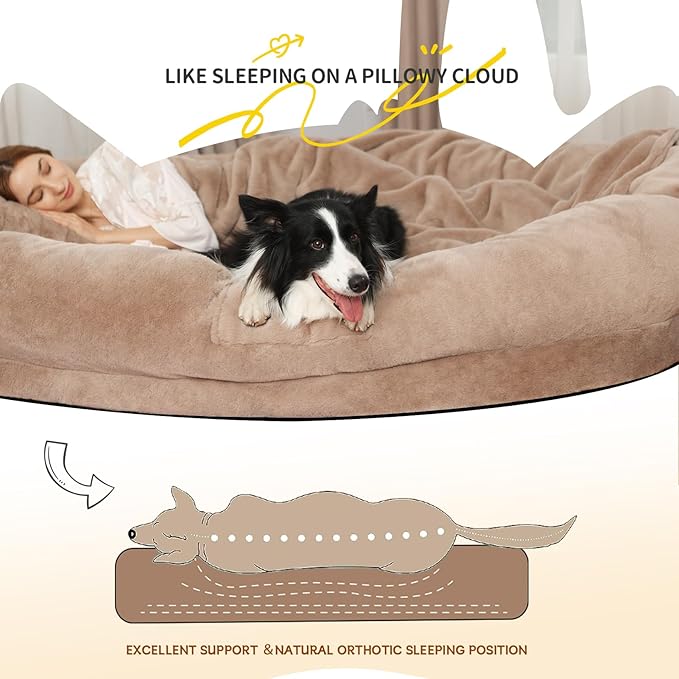 Human Dog Bed for Adults, 71"x51"x12" Washable Orthopedic Size, Faux Fur Removable, Cozy Large Present with Blanket and Pillow, Khaki