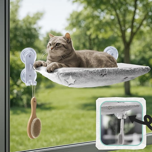 Cordless Cat Window Perch for Large Cats, Glow in The Dark Fabric Cat Hammock for Window with 4 Strong Suction Cups, Easy to Assemble, Foldable Window Seat for Cats Inside, Gray L