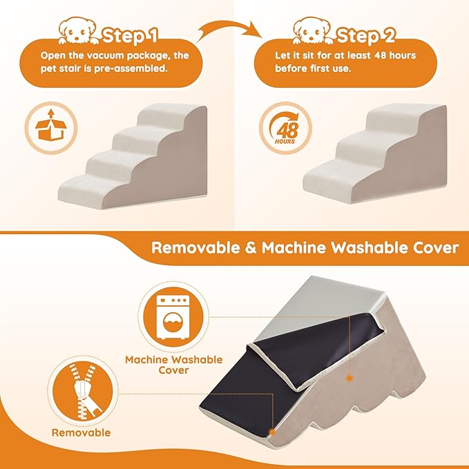 Dogs Steps for Bed, Dog Stairs for Small Dogs, 4-Step Dog Ramp for Bed, Couch, Sofa, and Chairs, Non-Slip Bottom Design, Cat Scratching, High Density Foam Portable Pet Step, Indoor, Beige