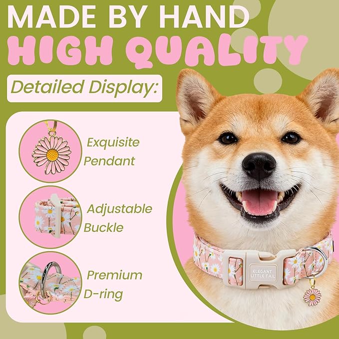 Elegant little tail Dog Collar, Pink Daisy Print Spring Soft Cotton Puppy Collars Adorable Female Pet Gift Lightweight Plastic Adjustable Dog Collar for Large Dogs