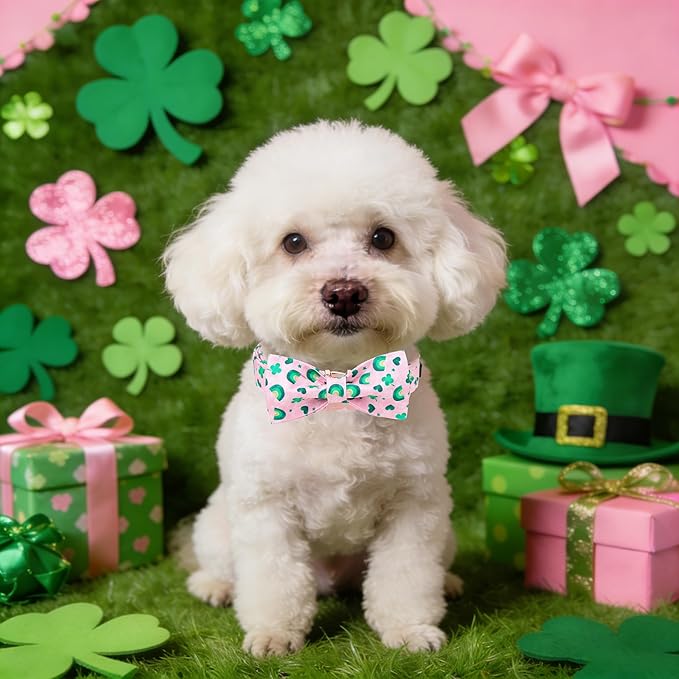 Maca Bates St. Patrick's Day Shamrock Dog Collar,Fancy Bow Tie,Small Girl Boy Dogs, Pink,Green Rainbow,Four Leaf Clover Pattern,Adjustable Durable Soft Collars Irish Gift for Male Female Puppy