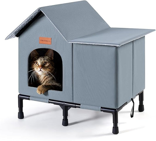 Insulated Cat Shelter Weatherproof Outdoor Cat House with Self-Warming Insulation Raised Bottom and Waterproof Roof for All-Season Protection (Grey, Large)