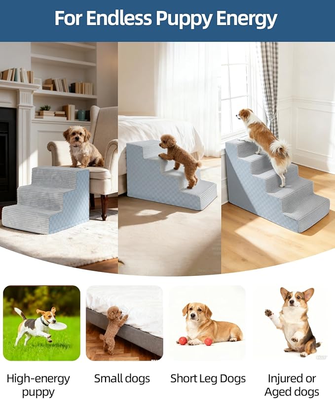 Vfrog Dog Stairs for Small Dogs,22" H,5-Step Dog Steps Ramp for Bed and Couch with High Density Foam,Non-Slip Pet Steps for Dogs and Cats,Pet Stairs with a Washable Cover,Grey