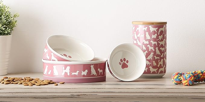 Bone Dry Ceramic Treat Jar for Cats and Dogs, Bamboo Lid, Dishwasher Safe Canister, 4x6.5", Rose, Dog Treats