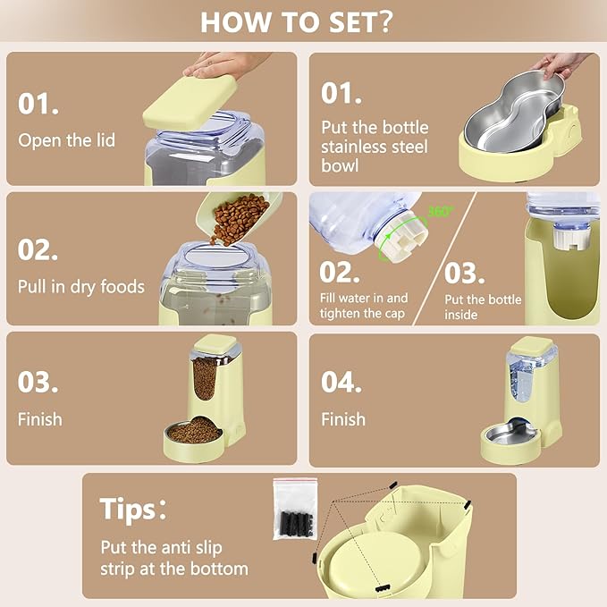 HWONMTE Portable Automatic Cat Feeder and Water Dispenser with Stainless Steel Bowl Dog Gravity Food Feeder and Waterer for Small Medium Pets Puppy Kitten 1 Gallon x 2 (Cream Yellow)