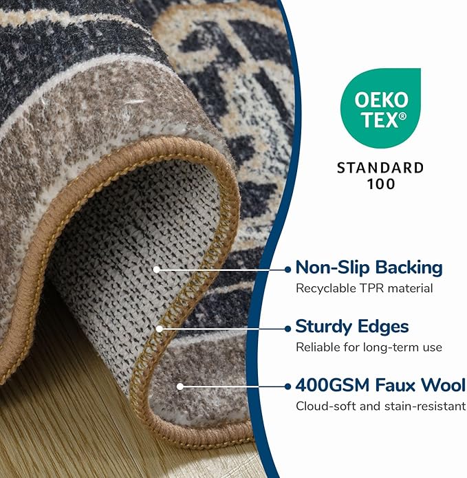 Lessymo Area Rugs 5x8, Machine Washable Area Rug, Super Soft Faux-Wool Area Rugs for Living Room Bedroom Kitchen, Boho Vintage Floral, Non-Slip Low Pile, Kid & Pet Friendly, Black Brown