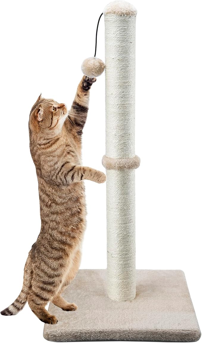 Dimaka 29" Height Tall Cat Scratching Post, Claw Scratcher with Sisal Rope and Covered with Soft Smooth Plush, Vertical Scratch [Full Strectch] for Standard Size Cats (Light Brown, 29 inches)