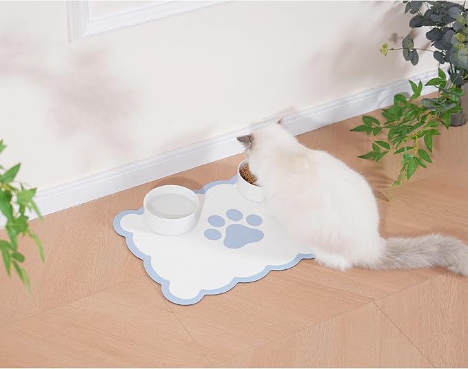 Ralxion Scalloped Dog Feeding Mat, Absorbent Mats for Dog Food and Water Bowl, Dispenser, Cute Elegant Aesthetic Water Blue Scallop Pet Placemat for Dogs, Cats, Puppy Accessories, 17" X 24”