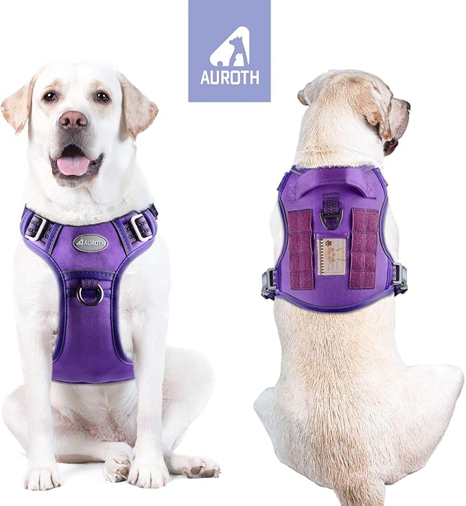 AUROTH Tactical Dog Harness for Large Dogs No Pull Adjustable Pet Harness Reflective K9 Working Training Easy Control Pet Vest Military Service Dog Harnesses Purple M