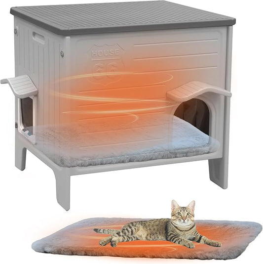 Plastic Cat House Outdoor - Feral Cat Houses with Escape Door, Waterproof Outdoor Cat House for Feral Cats, Outside Cat Shelter for with Soft Mat, Assemble Easily