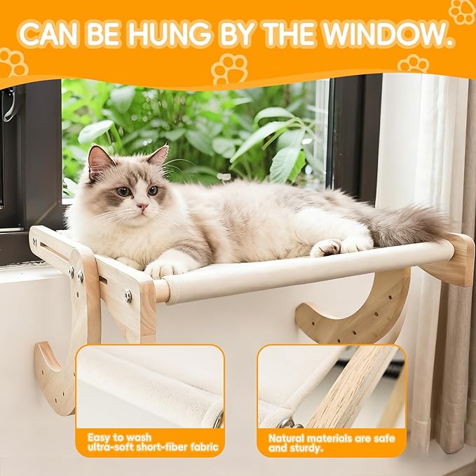 4-in-1, Wooden Cat Window Perch,cat Bed, Sturdy Oak Hammock,Suitable for Indoor Cats to Rest and Play. It can be Used as a Hammock, a Resting Area by The Window, a Cats Bed, a cat Rocking Toy