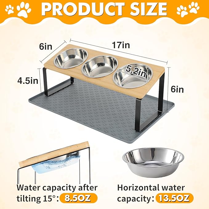 15° Tilted Elevated Cat Bowls - Raised Cat Bowls Stand with Silicone Food Mat & 3 Stainless Steel Cat Dishes for Food and Water, Anti-Vomiting for Indoor Cats and Small Pets