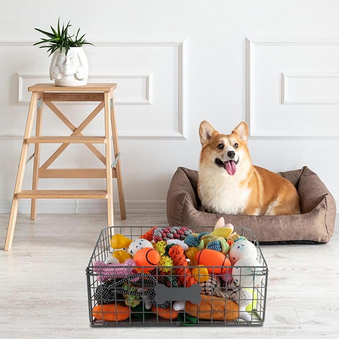 Dog Toy Basket,Large Metal Dog Toy Bin,Toy Box with Personalized Bone Plaque,Pet Toy Storage Boxes for Living Room,Toy Containers for Medium and Small Dogs,Puppy Toy Organizer Baskets,Pet Food Storage