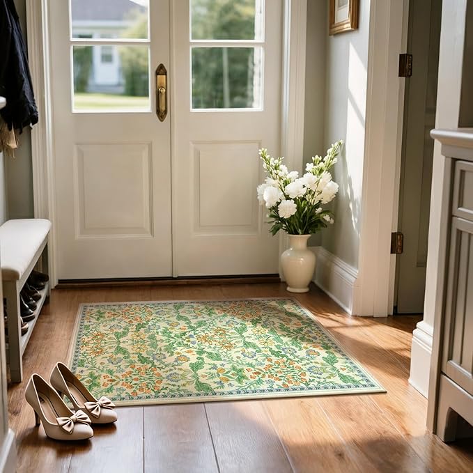 Floral Entryway Washable Rug: 2x3 Soft Low Pile Thin Indoor Front Door Mat, Non Slip Stain Resistant Vintage Flower Boho Accent Small Rugs for Bedroom, Kitchen, Bathroom, Nursery Entrance - Ivory