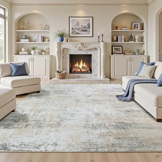 8x10 Rugs for Living Room, Neutral Large Abstract Area Rug, Non-Slip Machine Washable Carpet, Bedroom Dining Room Modern Decor, Soft Low Pile Kids Pet Friendly Cream Beige