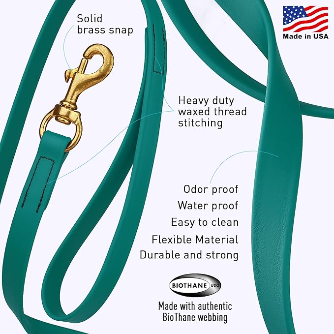 Viper Biothane K9 Working Dog Leash Waterproof Lead for Tracking Training Schutzhund Odor-Proof Long Line with Solid Brass Snap for Puppy Medium and Large Dogs, 10ft Blue Aqua