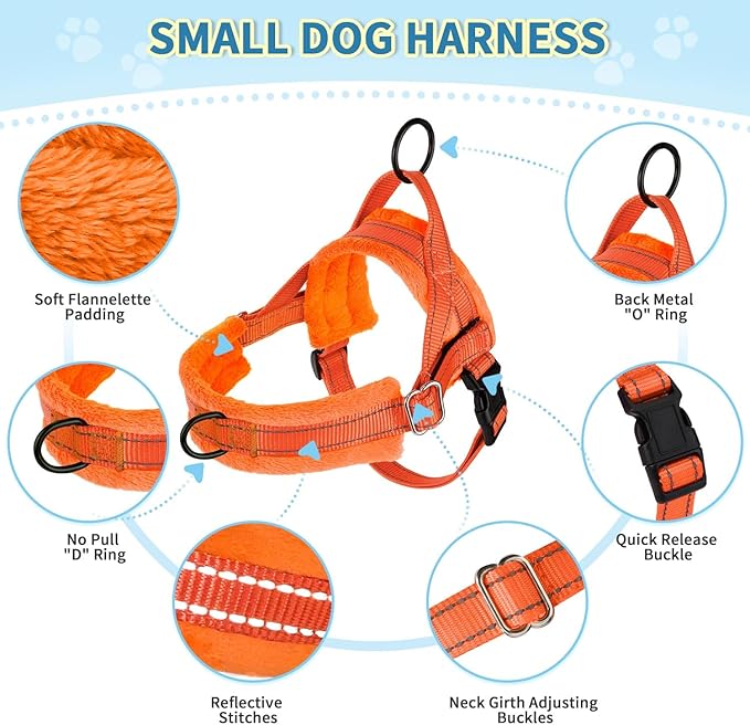Lukovee No Pull Dog Harness and Leash Set, Soft Padded Small Dog Harness, Neck & Chest Adjustable Reflective Vest Puppy Harness with 4ft Lightweight Anti-Twist Dog Leash for Small Dogs (Orange, S)