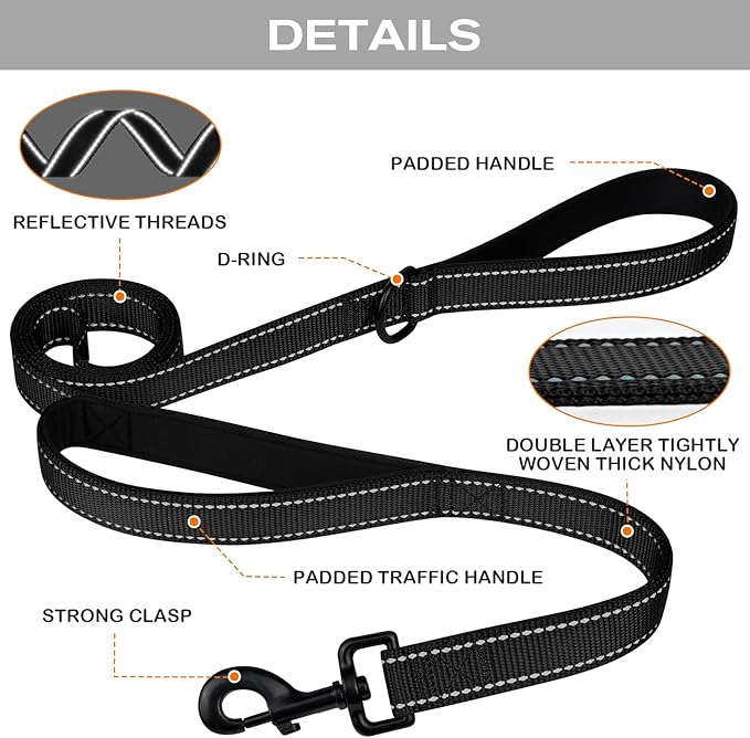Joytale Dog Leash Heavy Duty for Large Dogs That Pull, Double Handle for Traffic Control, Double-Sided Reflective Leashes for Large Medium Dogs Night Safety, 6FT, Black