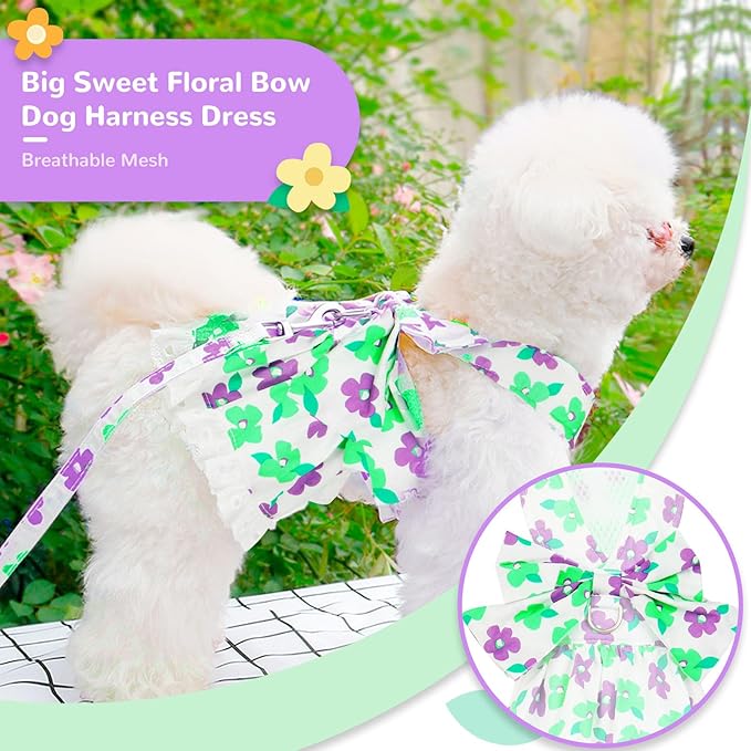 Dog Harness Dress Leash Set for Small Dog Summer Clothes Girl Female Puppy Cats Outfits Cute Floral Bowknot Princess Birthday Dress for Extra Small Pet Doggie Kitten Outfits Apparel(Green,XS)
