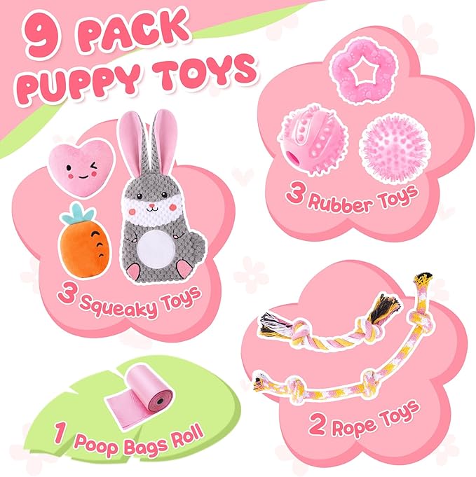 Zeaxuie Pink Puppy Toys for Teething - 9 Pack Small Dog Set With Chew, Squeaky Crinkle, Treat Ball and Interactive Rope for Puppies