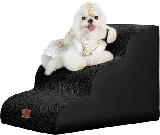 gogobunny Ramp Cat Dog Stairs for Beds, Cat Slope Stairs with Durable Waterproof Fabric Cover, Pet Steps for Old Large Dogs Climbing (Black, 3-Step (22.4" D x 15.7" W x 15.7" H), 3)