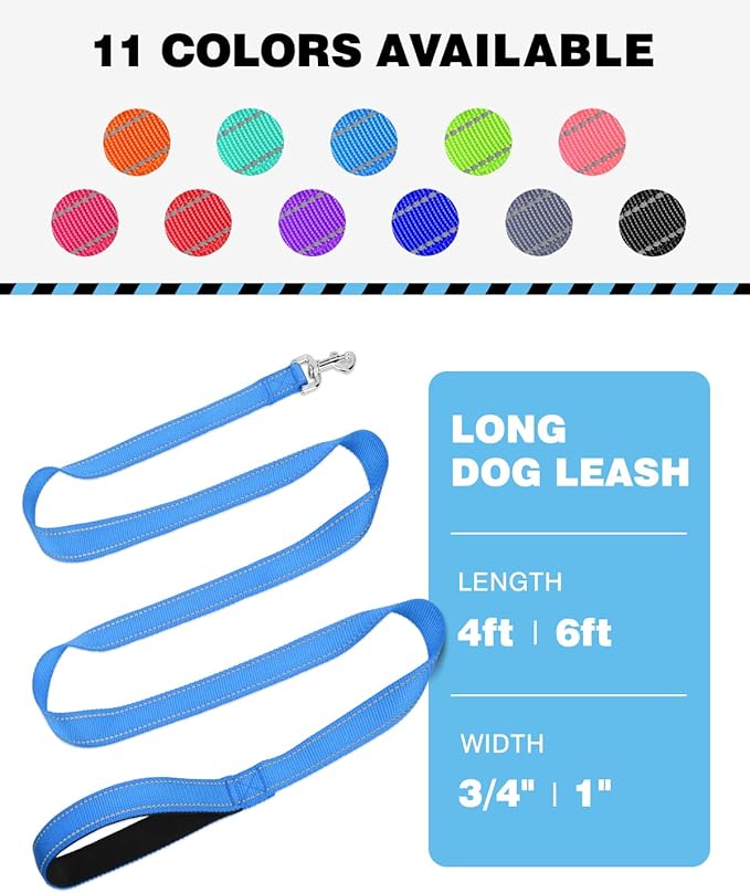 Reflective Dog Leash 6ft Soft Padded Handle Nylon Lead for Small & Medium Dogs, Durable Walking Training Leash for Night Safety (SkyBlue,3/4Inch Wide)