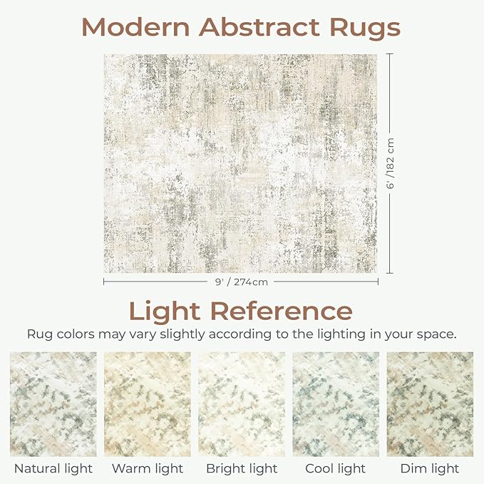 6x9 Abstract Rugs for Bedroom, Neutral Area Rug with Non-Slip Rubber Backing, Machine Washable Modern Carpet for Living Room Dorm Office Decor, Soft Low Pile Stain Resistant Cream Beige