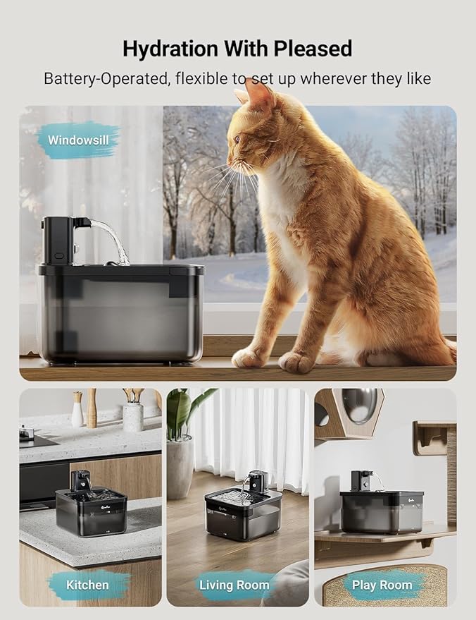 DownyPaws Battery Operated Cat Water Fountain, 84oz/2.5L Fursink Wireless Cat Waterer Fountain with Motion Sensor, BPA-Free, Black with 6 Filters