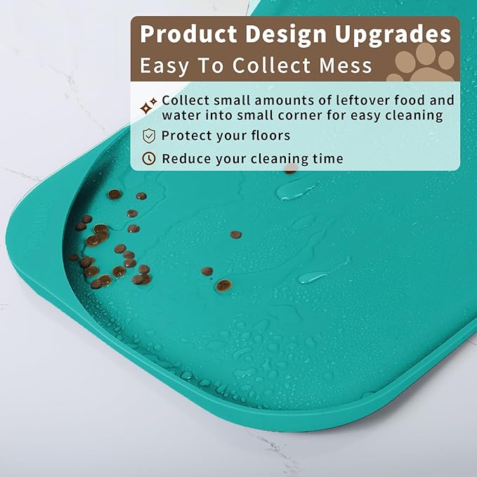 Silicone Pet Food Mat with Raised Edge for Food and Water Bowl, Dog Feeding Mats, Cat Food Trays for Floor Waterproof, Rubber Tray for Dogs and Cats, 24 x 16 x 0.8 Dark Turquoise