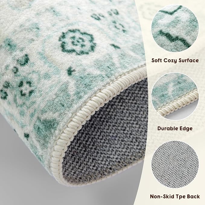 LBRO2M Boho 4X6 Rug Washable Rugs for Bedroom Non Slip Indoor Carpet, Soft Low Piles Rug Green Foldable Rugs for Living Room Pet Friendly Area Rugs Stain Resistant (4'X6' Light Green)