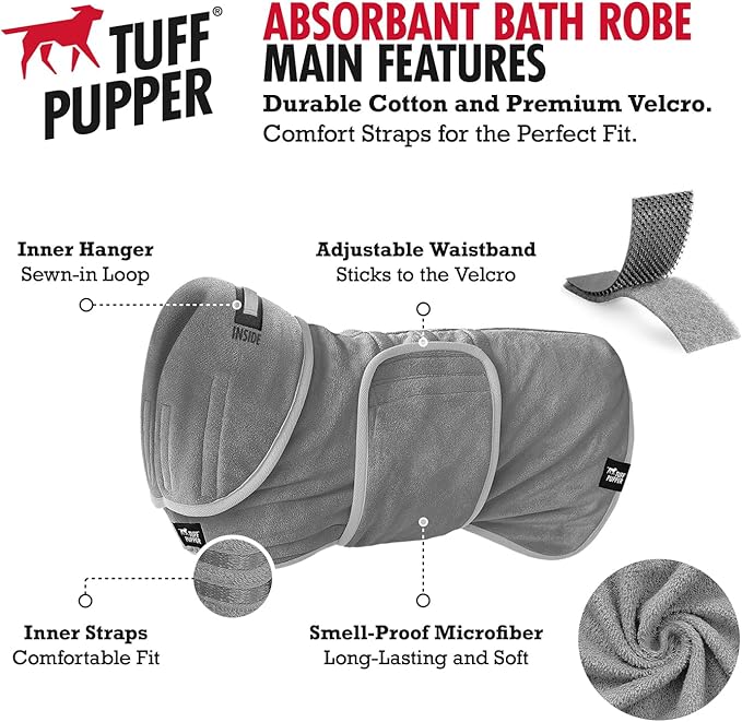 Tuff Pupper Fast Drying Dog Bath Robe | 800 GSM Plush Dog Towel Bathrobe/Dressing Gown | Super Absorbent Pet/Puppy Bathrobe | Adjustable Hood & Belly Strap | Super Soft | Fast Drying (XXL, Gray)