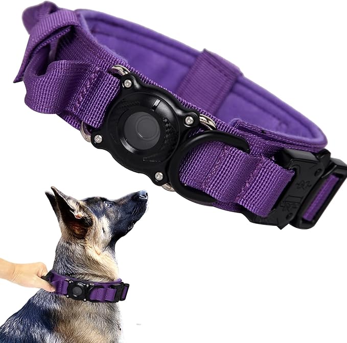 Xqpetlihai Upgraded AirTag Dog Collar Waterproof Tactical Dog Collar with AirTag Holder Heavy Duty Dog Collars for Large Dogs (DeepPurple，XL