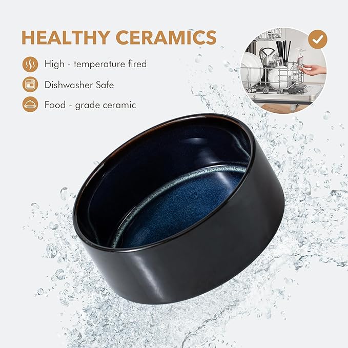 Ceramic 6.1inch Raised Double Dog Bowls Set with Acacia Wood Stand, 2 Heights Elevated, Food & Water Bowls for Small Dogs(28.2oz, Starry Sky)