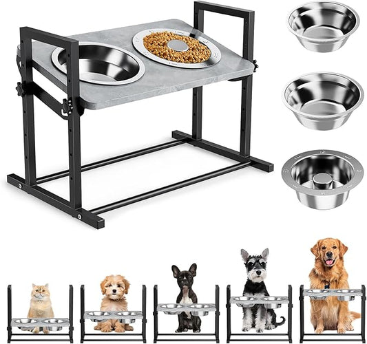 Elevated Dog Bowls for Dogs, 6 Heights Adjustable Raised Dog Bowl with Slow Feeder - 3 Stainless Steel Bowl, Tiltable Non-Slip Feeding Bowls with Metal Stand