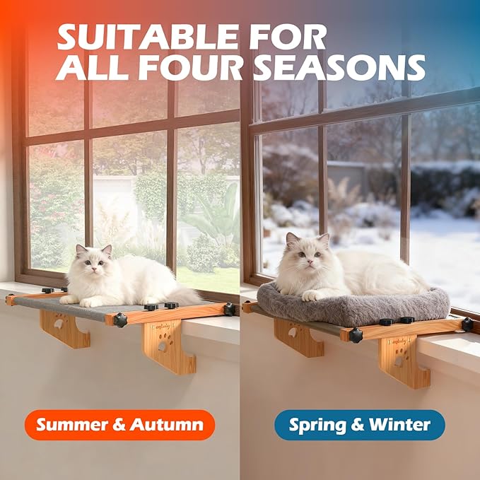 Cat Window Perch Sturdy Hammock Window Seat with Cushion Bed Cover, Wood & Metal Frame for Large Cats, Easy to Adjust Cat Bed for Windowsill, Bedside, Drawer and Cabinet (M)