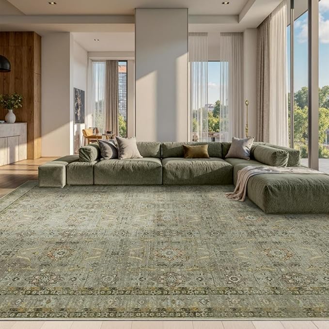 10x14 Area Rugs for Living Room Bedroom, Large Washable Rug, Vintage Floral Boho Rug, Non Slip & Low Pile Faux Wool Thin Carpet for Indoor Dining Room and Kids Room(Olive Brown 10x14ft)