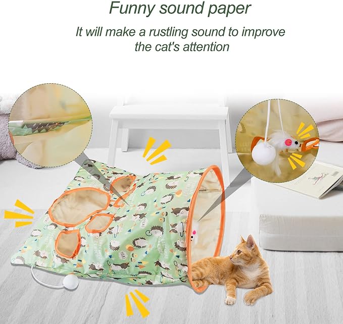 Andiker Cat Tunnel Bags for Indoor Cats, 13x17x12In Foldable Cat Crinkle Bag with 3 White Plush Balls and 1 Mouse 5 Holes for Kitten to Hide and Catch 3 Layers Cat Toy (Hedgehog)