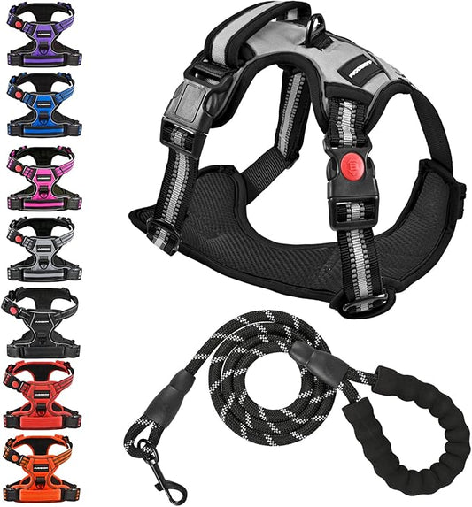 No Pull Dog Harness with A Free Heavy Duty 5ft Dog Leash, Adjustable Soft Padded Dog Vest, Reflective No-Choke Pet Oxford Vest with Easy Control Handle and Dog Leash for Dogs (Grey, Large)