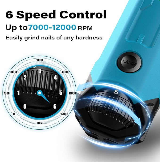 Casfuy 6-Speed Dog Nail Grinder - Newest Enhanced Pet Nail Grinder Super Quiet Rechargeable Electric Dog Nail Trimmer Painless Paws Grooming & Smoothing Tool for Large Medium Small Dogs (Bright Blue)