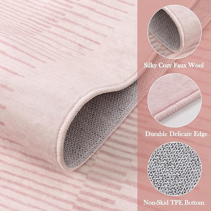 Wonnitar Washable Striped Runners for Hallways 2'6"x8', Non-Slip Soft Pink Runner Rug for Bedroom, Low Pile Minimalist 8ft Runner for Bathroom Laundry Kitchen (Pink, 2'6" x 8')