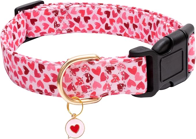 Faygarsle Valentine's Day Dog Collar - Cute Loving Heart Printed for Small Medium Large Dogs - Pink Cotton Collar for Girl and Boy Dogs L