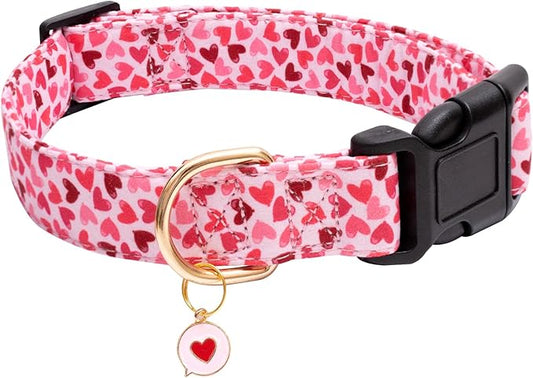 Faygarsle Valentine's Day Cute Loving Heart Printed Collar for Small Medium Large Dogs - Pink Cotton Collar for Girl and Boy Dogs