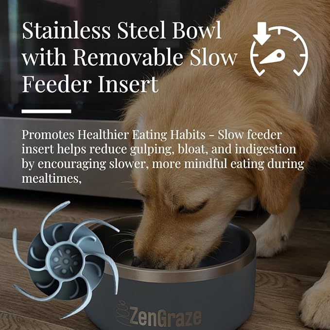 Slow Feeder Dog Bowls with Premium Accessories | Slow Feeder Insert & Silicone Lick Mat Lid - Heavy Duty, Stainless Steel Dog Bowl | Non-Slip & Durable, 64 oz | Medium to Large Dogs (Steel Gray)