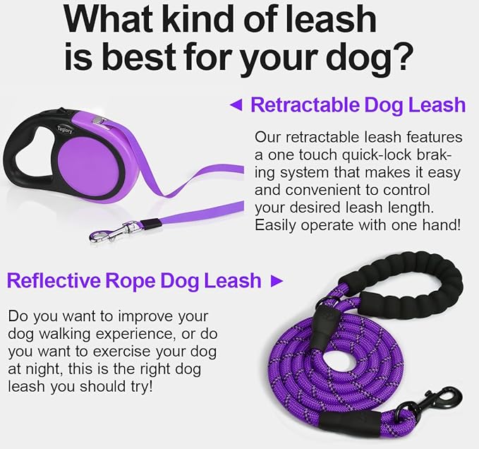 Taglory Retractable Dog Leash, 16ft No Tangle Leash Retractable for Small Medium Dogs Up to 44 lbs, One-Handed Brake, Pause, Lock,Purple